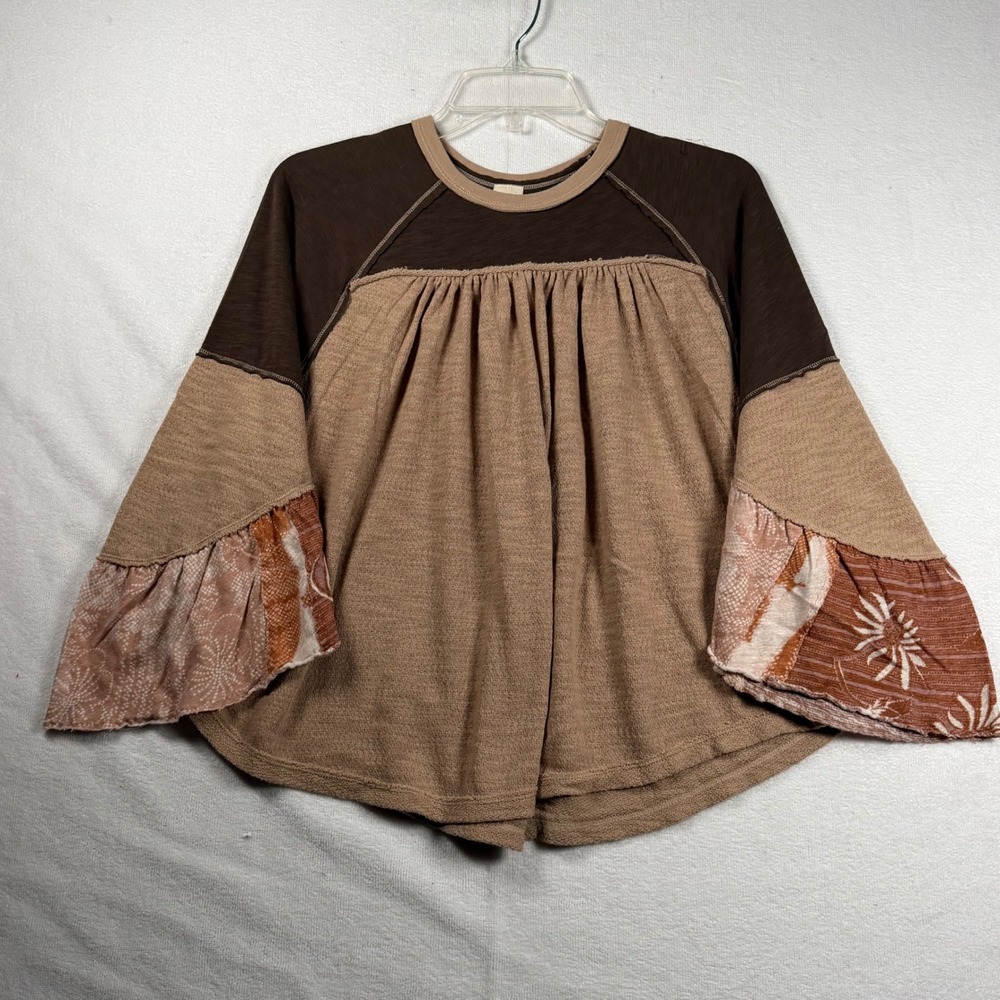 We The Free Babydoll Bell Sleeve Top XS Oversized Free People Brown Tan Boho